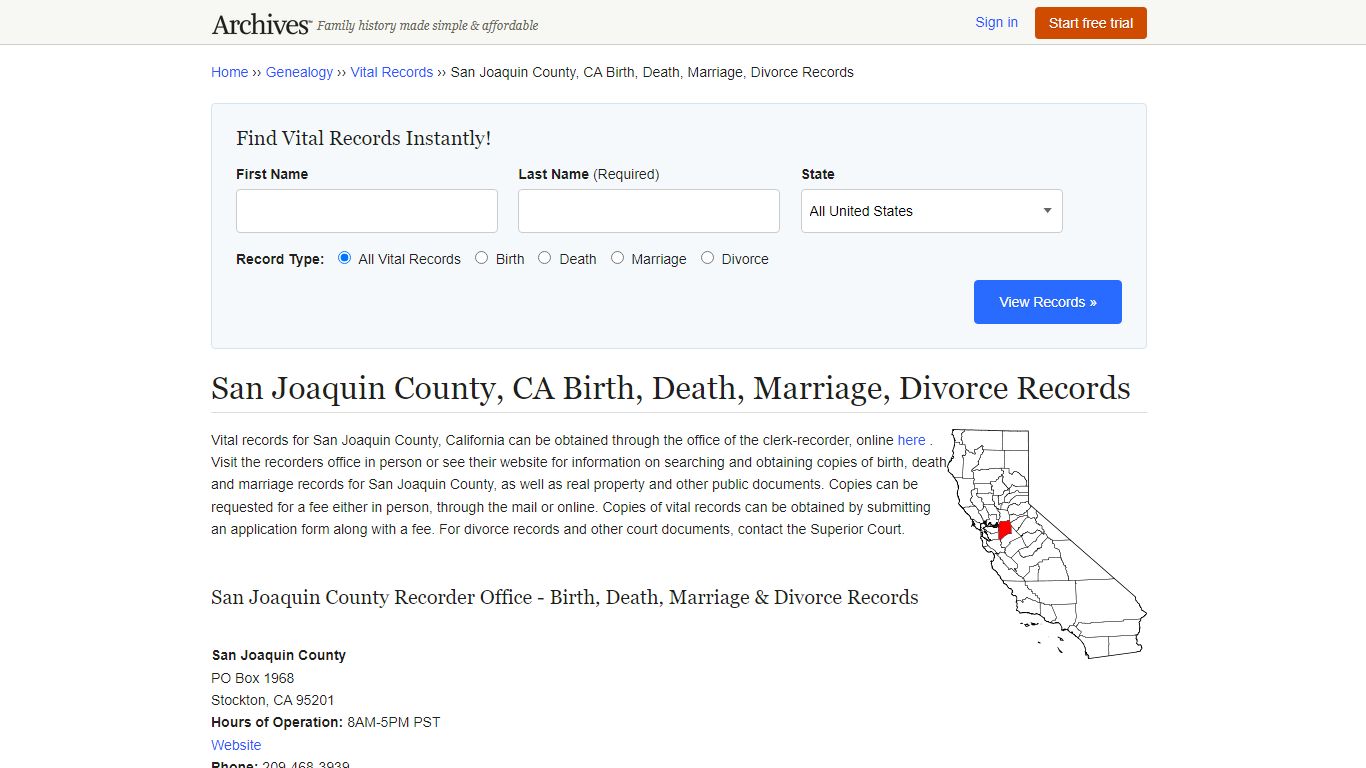 San Joaquin County, CA Birth, Death, Marriage, Divorce Records